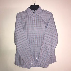 Land’s End dress shirt 8 petite, no iron plaid pinpoint Oxford shirt
